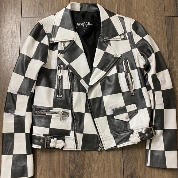 Nasty Gal Jackets & Blazers - Nasty Gal Monochrome Checkered 100% Leather Jacket